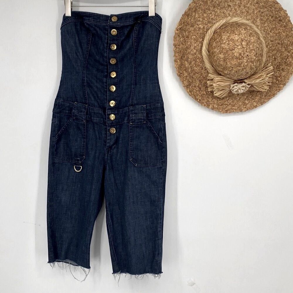 BEBE Belted Tube Jumpsuit Cut Off‎ Denim Blue Logo Buttons Size 30